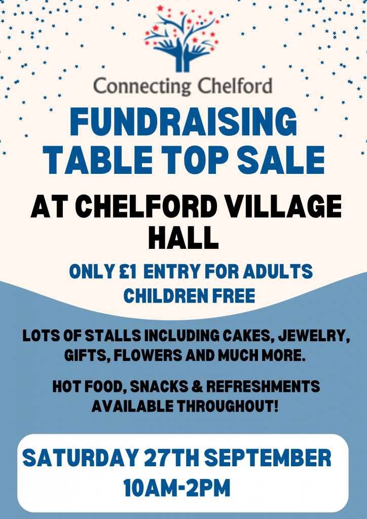 Fundraising table top sale at Chelford Village hall on Saturday 27th September between 10am and 2pm