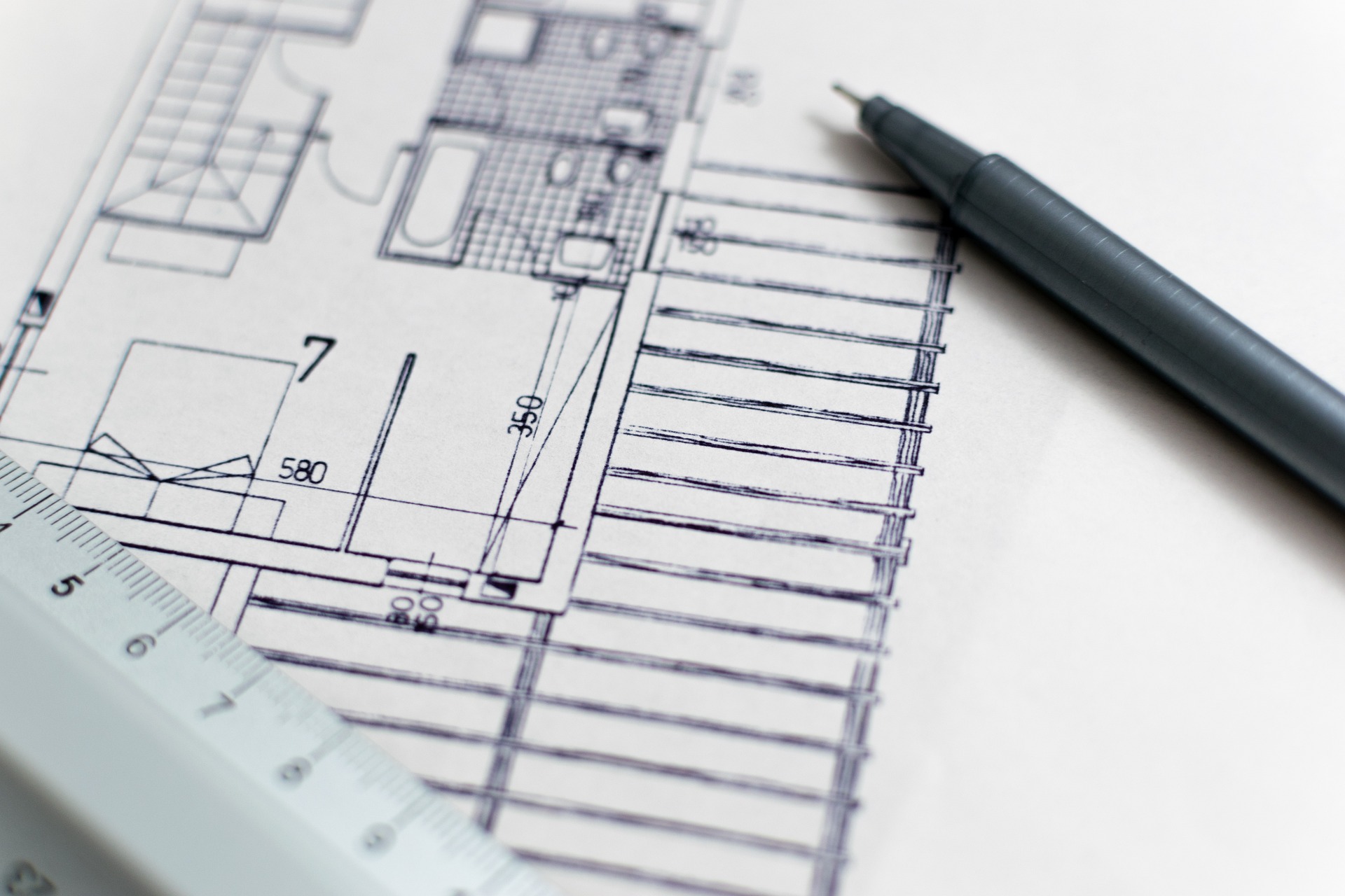 ruler and pen on architect drawing